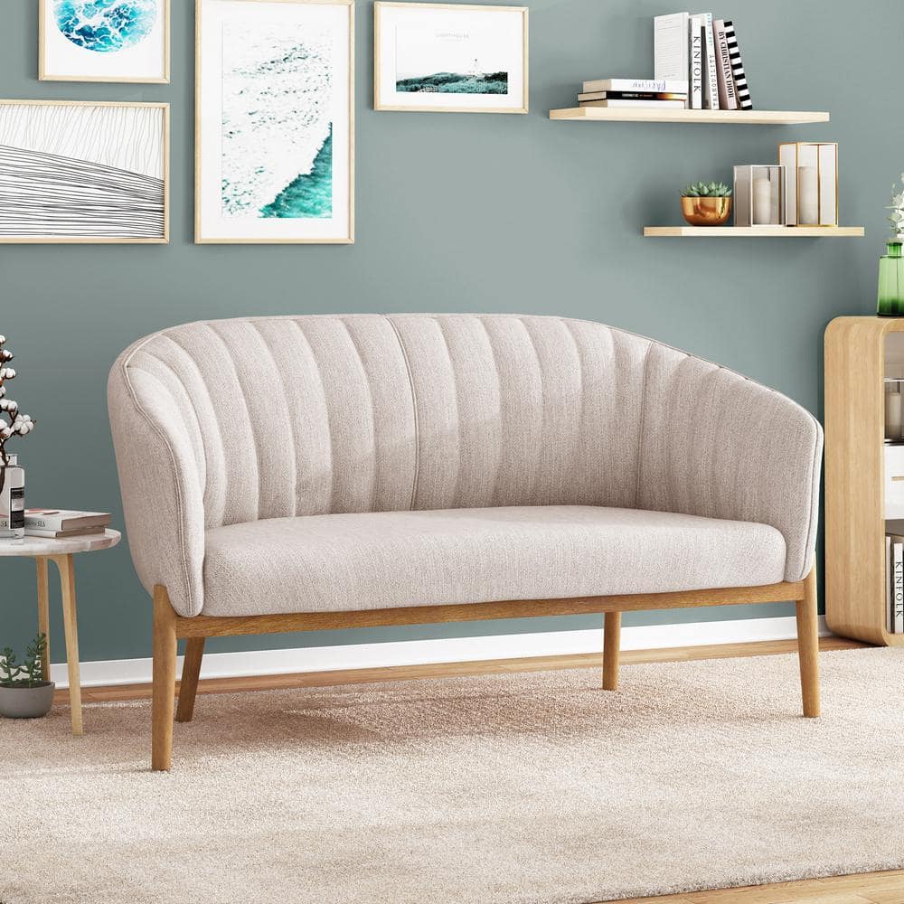 Mid-Century Beige Fabric Loveseat with Channel Stitching and Wood Frame