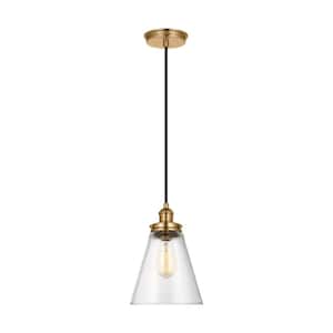 Baskin Cone 1-Light 8.5 in. Satin Brass Modern Contemporary Pendant Light with Clear Glass Shade