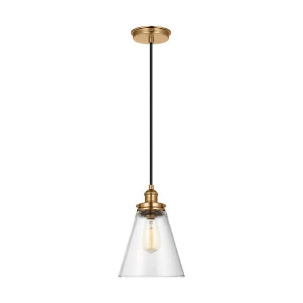 Generation Lighting Baskin Cone 1-Light 8.5 in. Satin Brass Modern Contemporary Pendant Light with Clear Glass Shade
