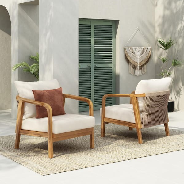 Teak Wood Outdoor Patio Lounge Chair with Handwoven Backrest & Curved Armrests & Beige Cushions (2-Pack)