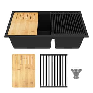 33 in. 60/40 Double Bowl Granite Composite Undermount Kitchen Sink in Black with Grid and Strainer