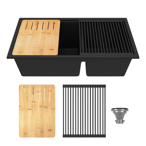 Workstation 33 in. Undermount Quartz Composite 60/40 Double Bowl Kitchen Sink in Matte Black with Accessories
