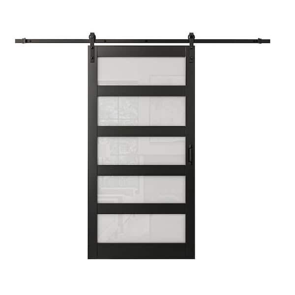 42 in. x 84 in. 5-Lite Frosted Glass Black Finished MDF Soft Close Sliding Barn Door with Hardware Kit for Bathroom