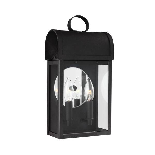 Generation Lighting Conroe 2-Light Black Outdoor 14.375 in. Wall Lantern Sconce with Dimmable Candelabra LED Bulb