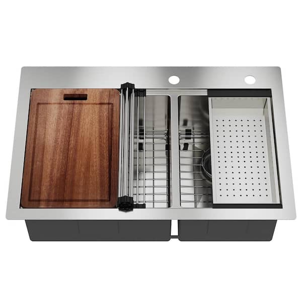 Boyel Living 33 in. Drop-in Double Bowl 18-Gauge Stainless Steel Kitchen Sink with Cutting Board, Colander and Rolling Drying Rack