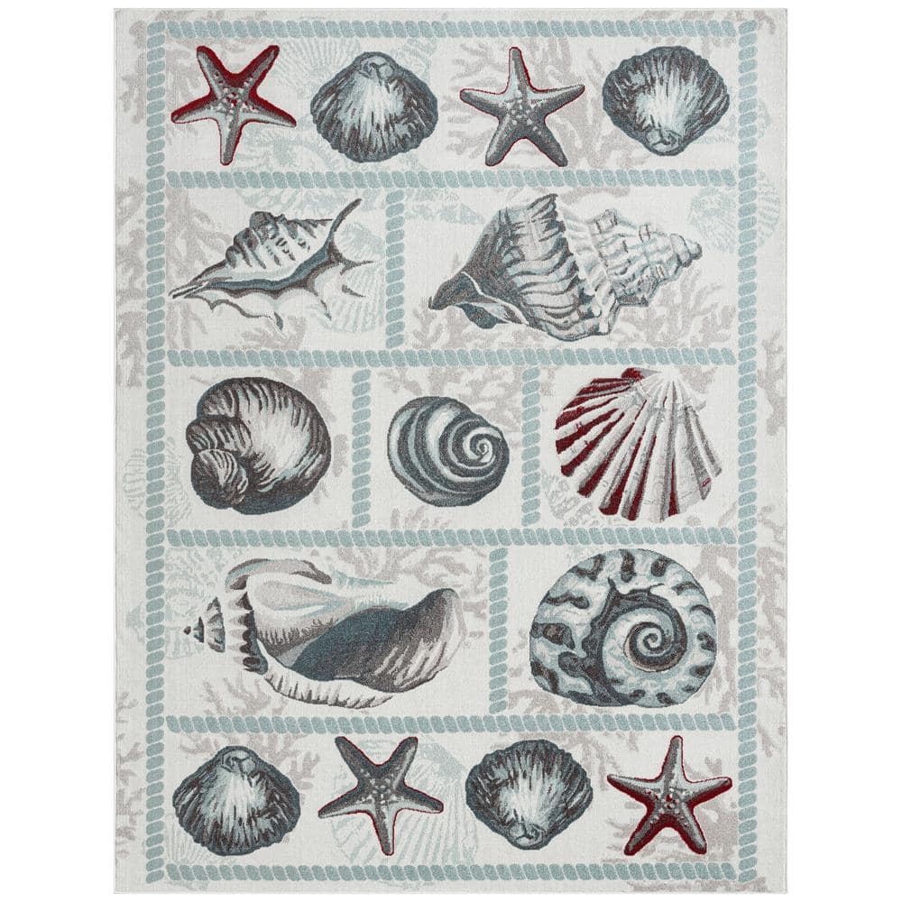 Home Dynamix Marine Sea Shells Ivory/Blue 5 ft. x 7 ft. Starfish  Polypropylene Indoor/Outdoor Area Rug 2-13679-102 - The Home Depot