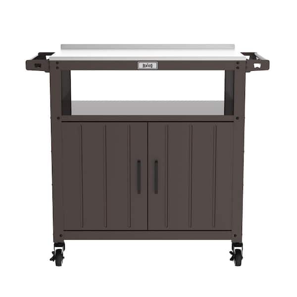 Outdoor Grill Cart with Stainless Steel Tabletop and Storage Cabinet in Brown