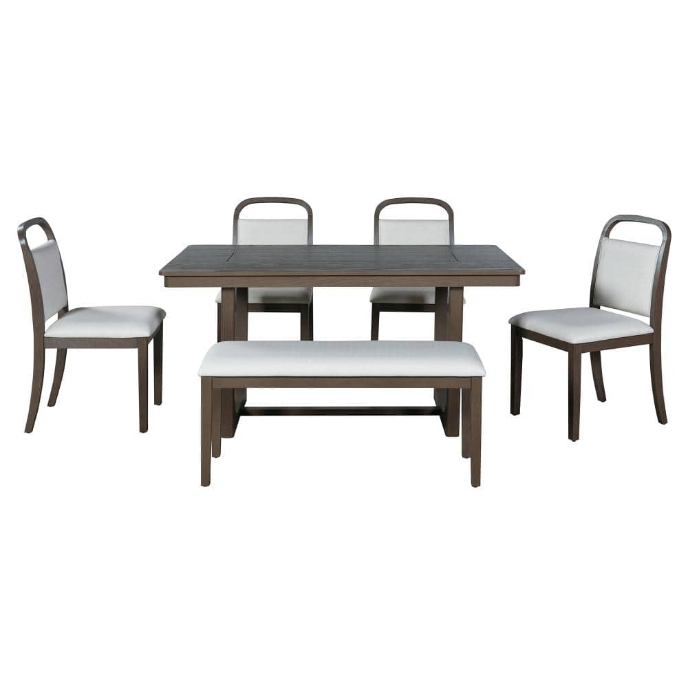 6 Piece Rectangular Brown Wood Top Dining Table Set with 4 Upholstered Chairs and Bench, Seats 6 price history on PriceWatchPro