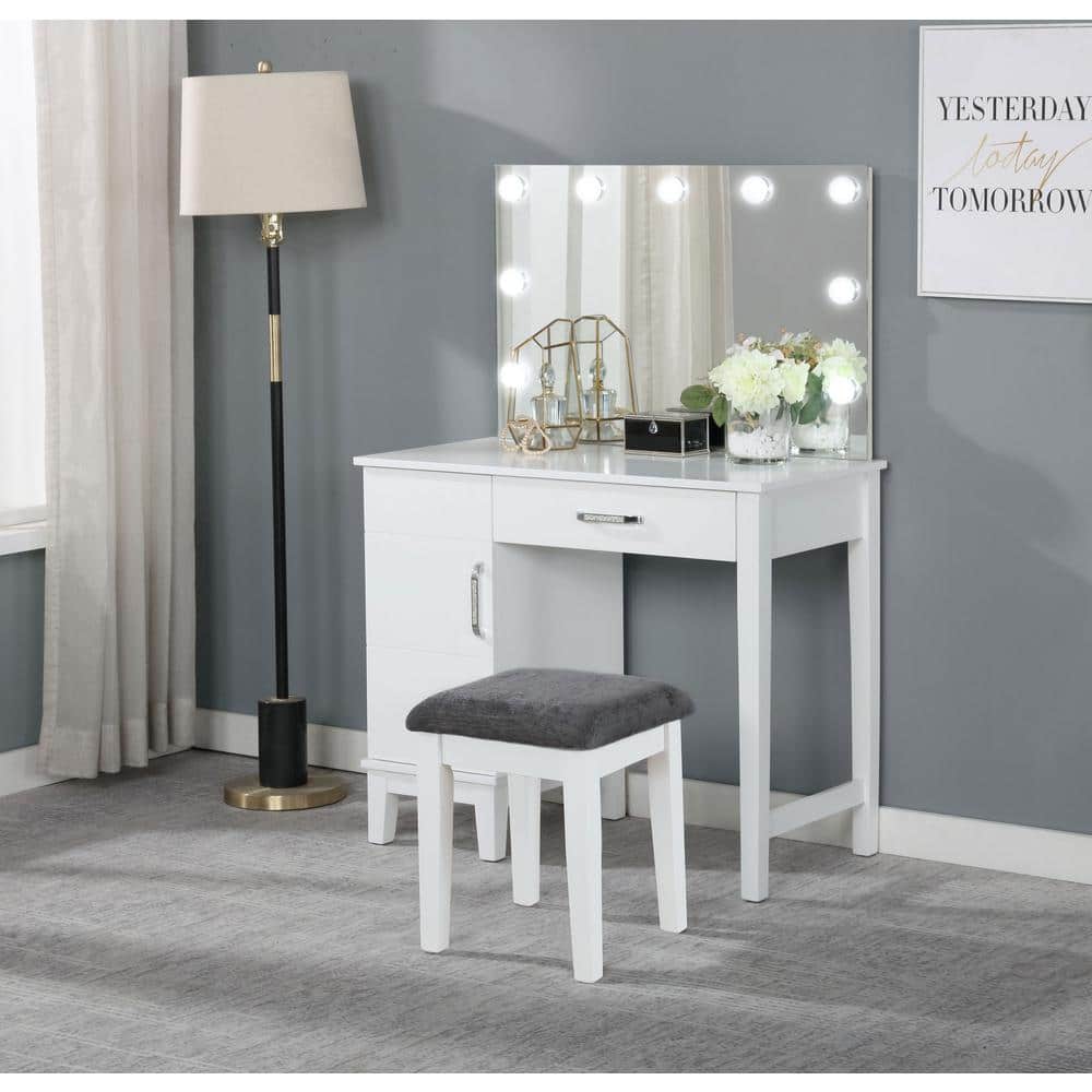 White and Dark Gray Vanity Set with LED Lights and Bench