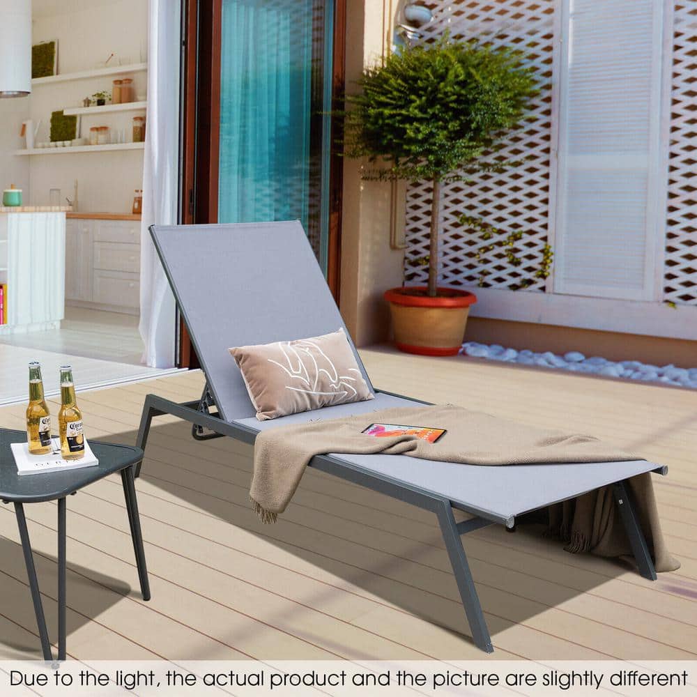 Gray Steel Outdoor Adjustable Lounge Chair with Armrests