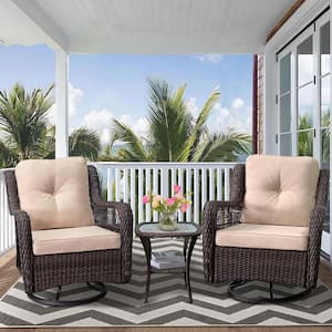 3-Pieces Outdoor Conversation Set, 360-Degree Swivel Rocking Resin Wicker Chair with Beige Cushions, Side Table
