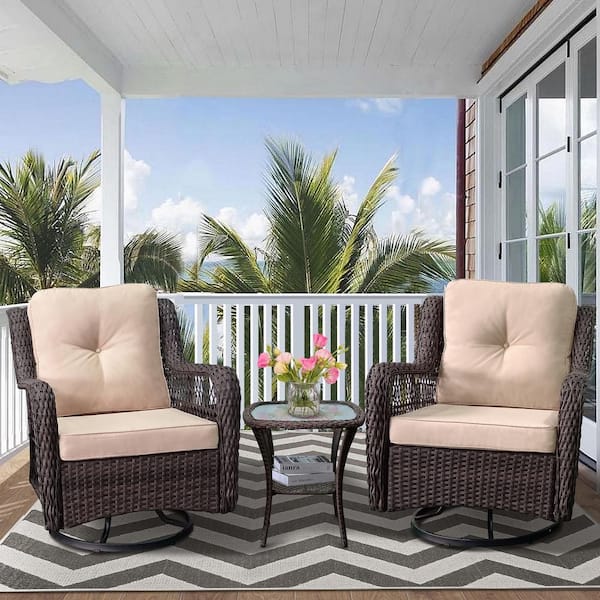 ITOPFOX 3-Pieces Outdoor Conversation Set, 360-Degree Swivel Rocking Resin Wicker Chair with Beige Cushions, Side Table