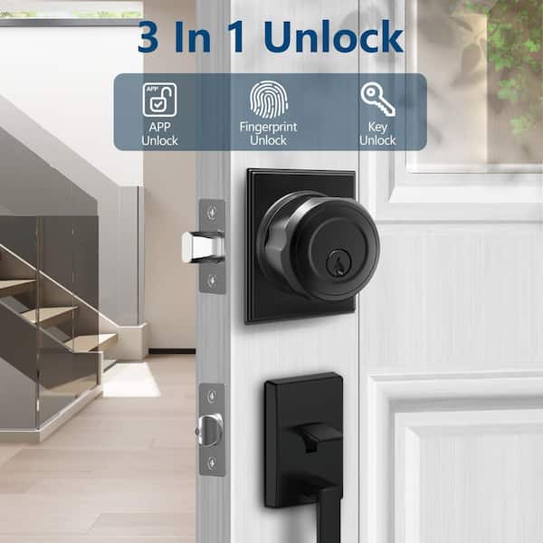 3 in 1 Aluminum Smart Lock Deadbolt with App Biometric Door Knob, Keyless Entry Door Lock, Rectangular, in Black
