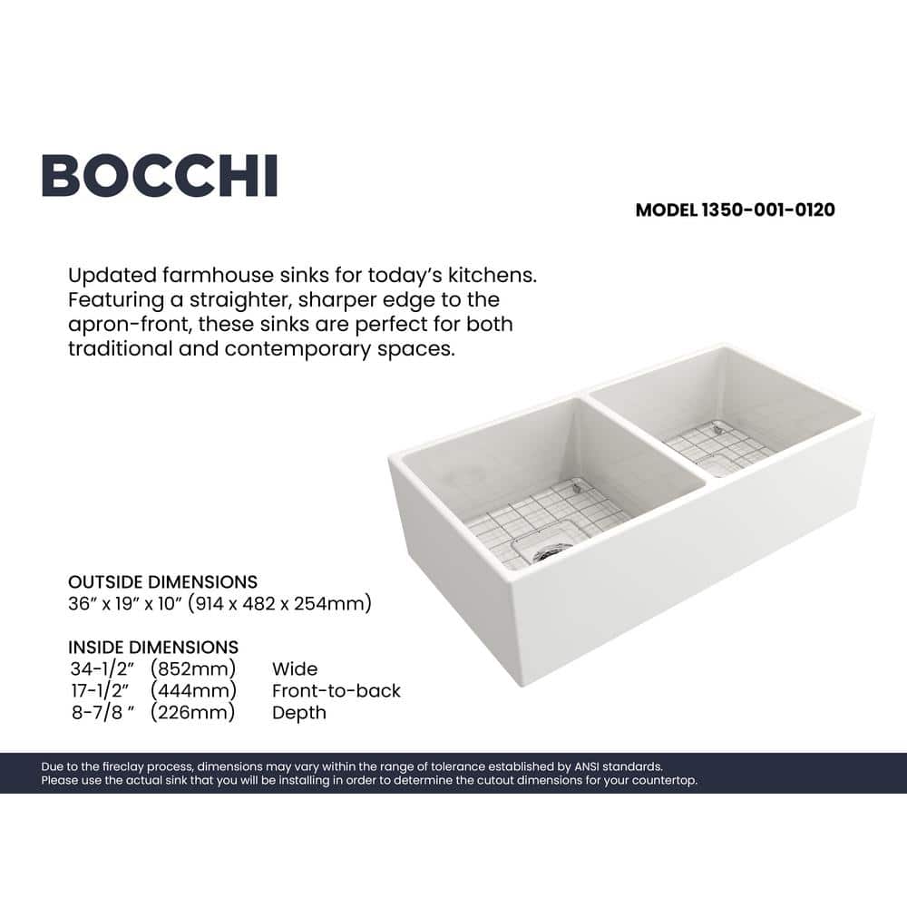 36'' White Fireclay Double Bowl Farmhouse Sink