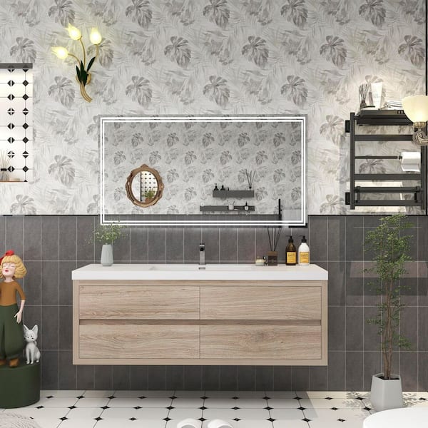 Louis 59 in. W x 20 in. D x 22 in. H Single Sink Floating Bath Vanity in White Oak with White Acrylic Top