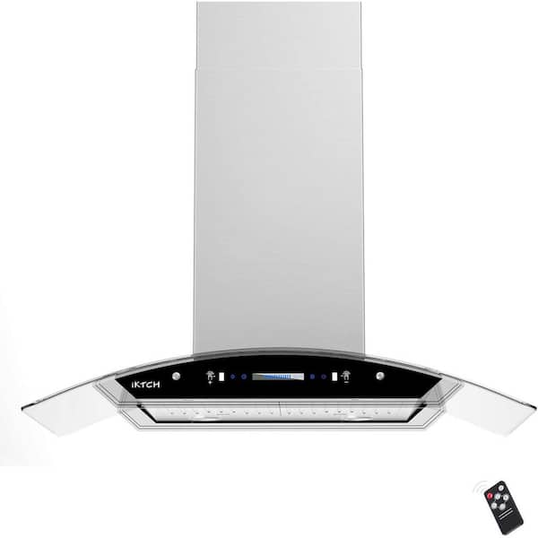iKTCH 30 in. 900 CFM Island Mount wih LED Light and Glass Panel Range Hood in Stainless Steel