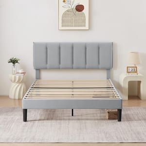 Upholstered Bed Frame Light Gray Metal Frame Queen Platform Bed with Adjustable Headboard No Box Spring Needed