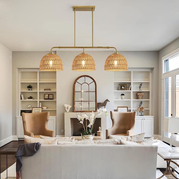 KAISITE 60-Watt 3-Light Vintage Gold Rattan Pendant Light with