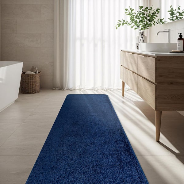 Silky Navy 2 ft. x 5 ft. Solid Plus Thick Pile Non Slip Easy Clean Non Shedding Modern Runner Indoor Area Rug