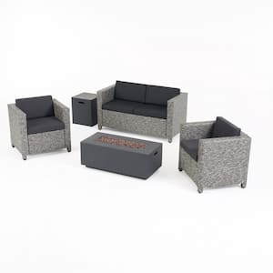 Havelok Mixed Black 5-Piece Faux Wicker Patio Fire Pit Seating Set with Dark Grey Cushions