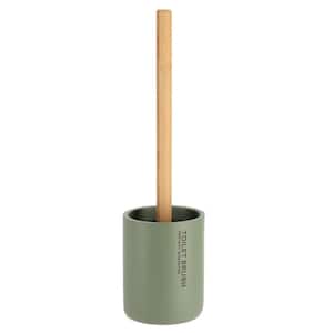Chic Matte Green Toilet Brush Holder Set with Natural Bamboo Handle - Polyresin Bathroom Cleaning Accessory