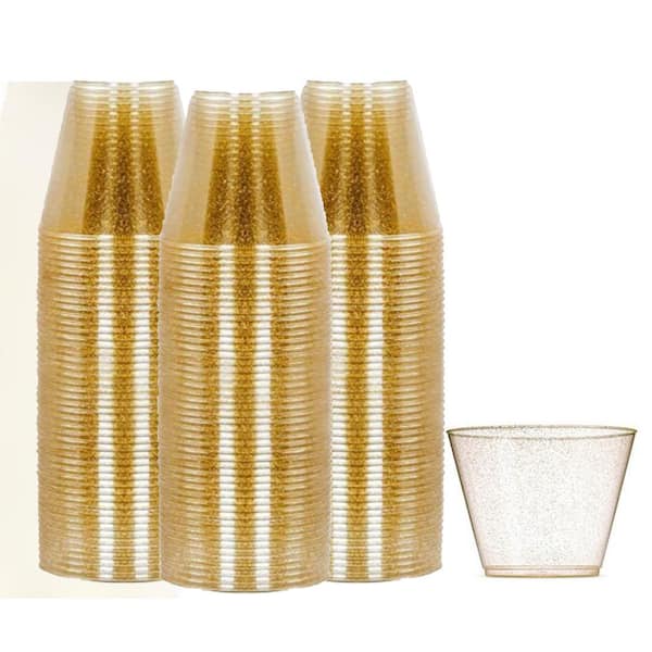 Perfect Settings 110 Premium Gold Glitter Plastic Disposable Party Cups 9 Ounce Holiday Gathering or Wedding Party Elegant Disposable Cups