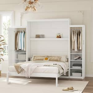 White Wood Frame Queen Size Murphy Bed Wall Bed with Wardrobes, Storage Shelves