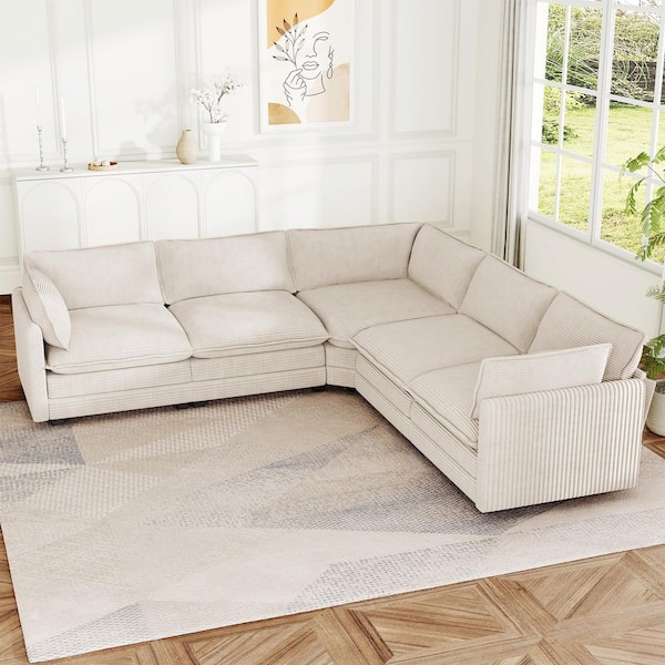 Modern 117 in. Beige Corduroy Square Arm L-Shaped Sofa for Living