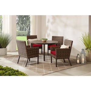 Fernlake 5-Piece Brown Wicker Outdoor Patio Dining Set with CushionGuard Chili Red Cushions