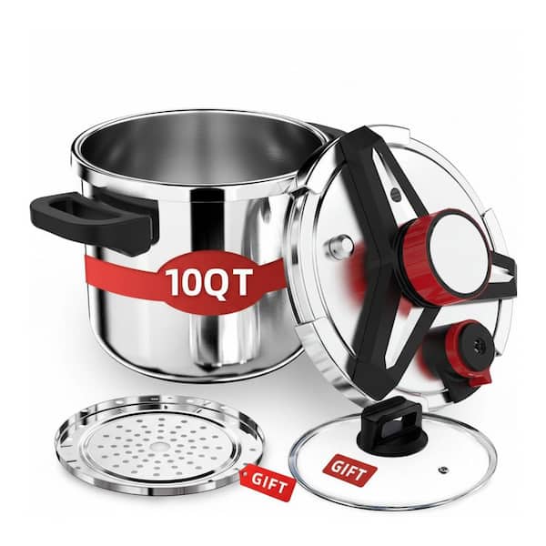10-Piece Stainless Steel Pressure Cooker Set Induction Compatible Glass Lid Steamer Basket 3-Pressure Settings