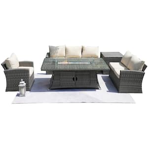 Alva Gray 5-Piece Wicker Patio Fire Pit Conversation Sofa Set with Beige Cushions