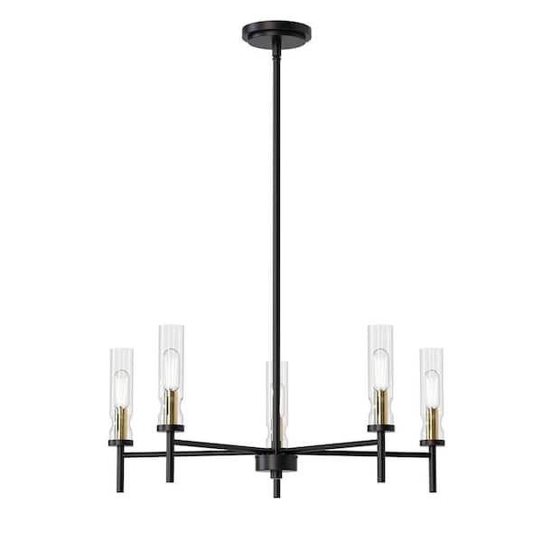 Anston 20.25 in. Plug and Play 5-Light Black and Plated Gold Chandelier with SkyPlug