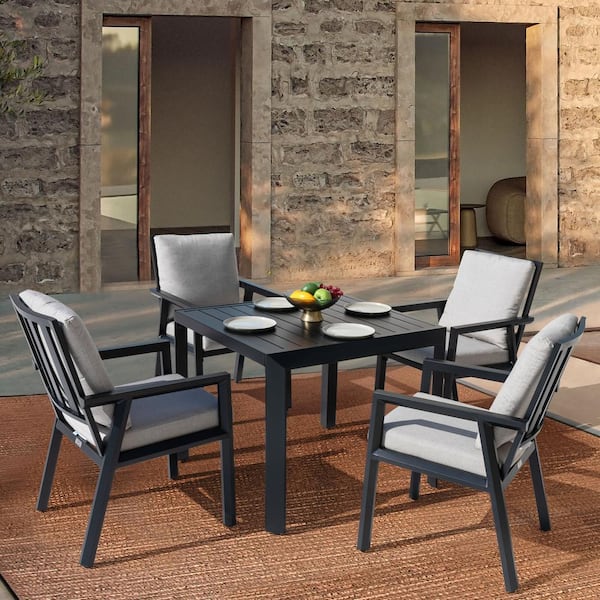 Black 5-Piece Aluminum Outdoor Dining Set with Gray Cushion