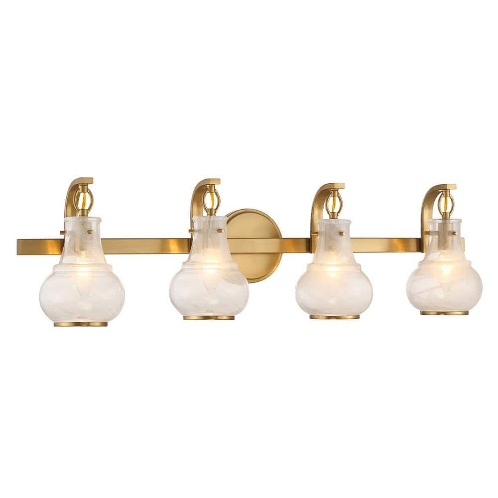 Warm Brass 4-Light Vanity with White Strie Glass Shades
