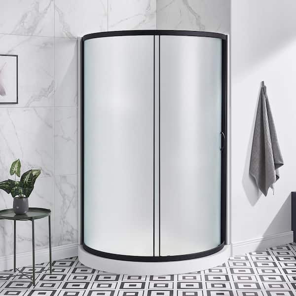 Breeze 36 in. L x 36 in. W x 77.36 in. H Corner Shower Kit with Frosted Framed Sliding Door in Black