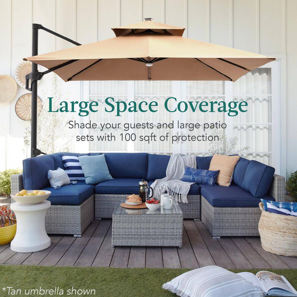 Sand 10x10ft 2-Tier Cantilever Patio Umbrella with Solar LED Lights