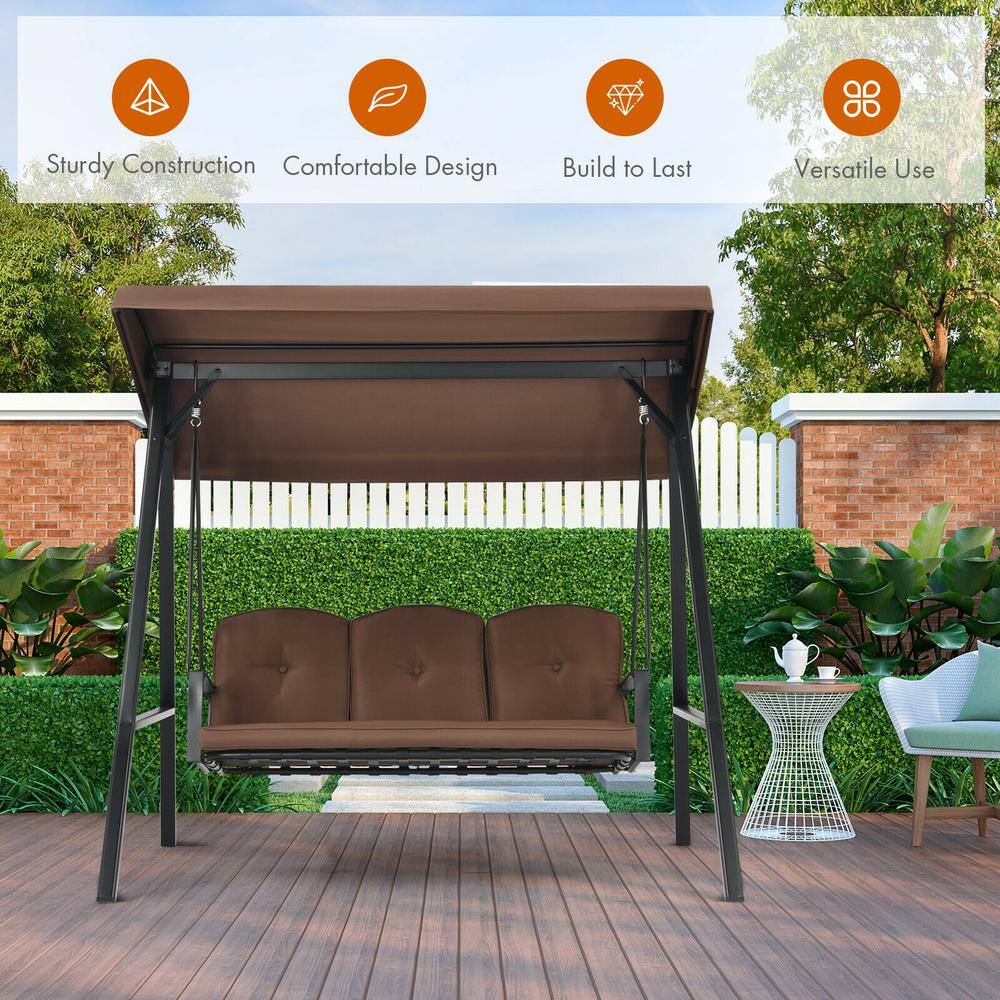 Brown Steel 3-Person Outdoor Swing with Adjustable Canopy