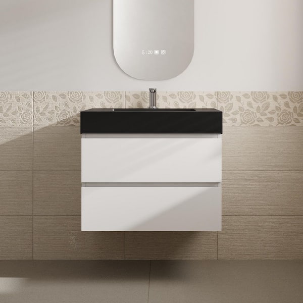 Aaby 30 in. W x 18 in. D x 25 in. H Wall Mounted Floating Bath Vanity Cabinet in White with Black Quartz Top and Sink