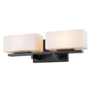 Kaleb 16.18 in. 2 Light Bronze Vanity Light with Matte Opal Glass Shade with Bulbs Included