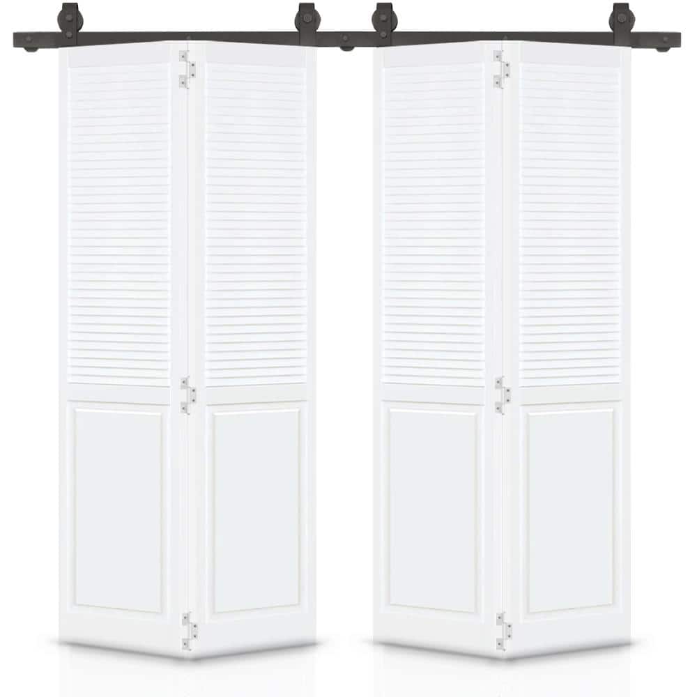 48 in. x 80 in. Half Louver Panel Solid Core Prime White Wood Double Bi-Fold Barn Door with Sliding Hardware Kit price history on PriceWatchPro