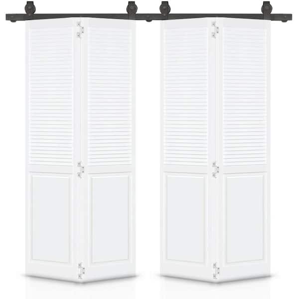 CALHOME 48 in. x 80 in. Half Louver Panel Solid Core Prime White Wood Double Bi-Fold Barn Door with Sliding Hardware Kit