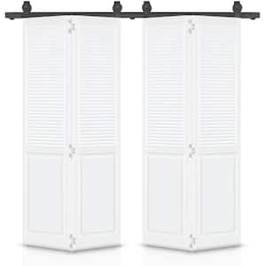 60 in. x 80 in. Half Louver Panel Solid Core Prime White Wood Double Bi-Fold Barn Door with Sliding Hardware Kit