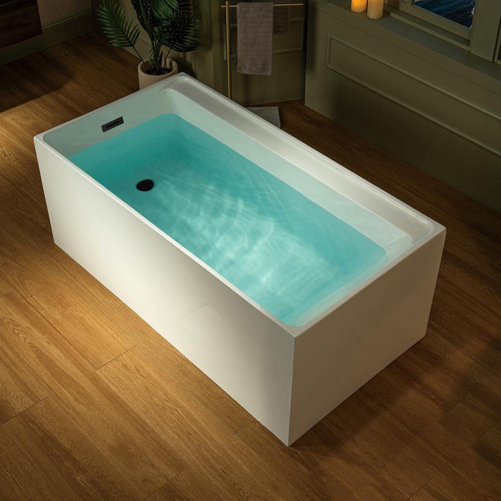59-Inch White Acrylic Rectangular Freestanding Soaking Bathtub