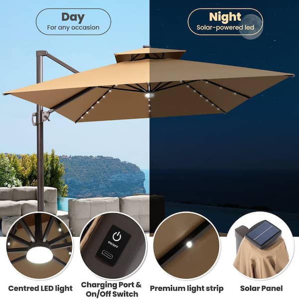 double vented patio umbrella strut assembly 13 ft. x 10 ft. Aluminum Patio Cantilever Umbrella with Solar Lights Double Top Outdoor Offset Umbrella in Tan Brown