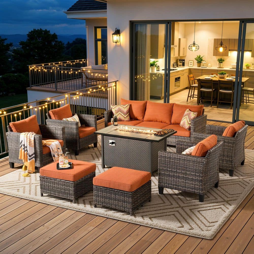 Positano Gray 8-Piece Wicker Patio Rectangle Fire Pit Conversation Seating Set with Orange Red Cushions price history on PriceWatchPro