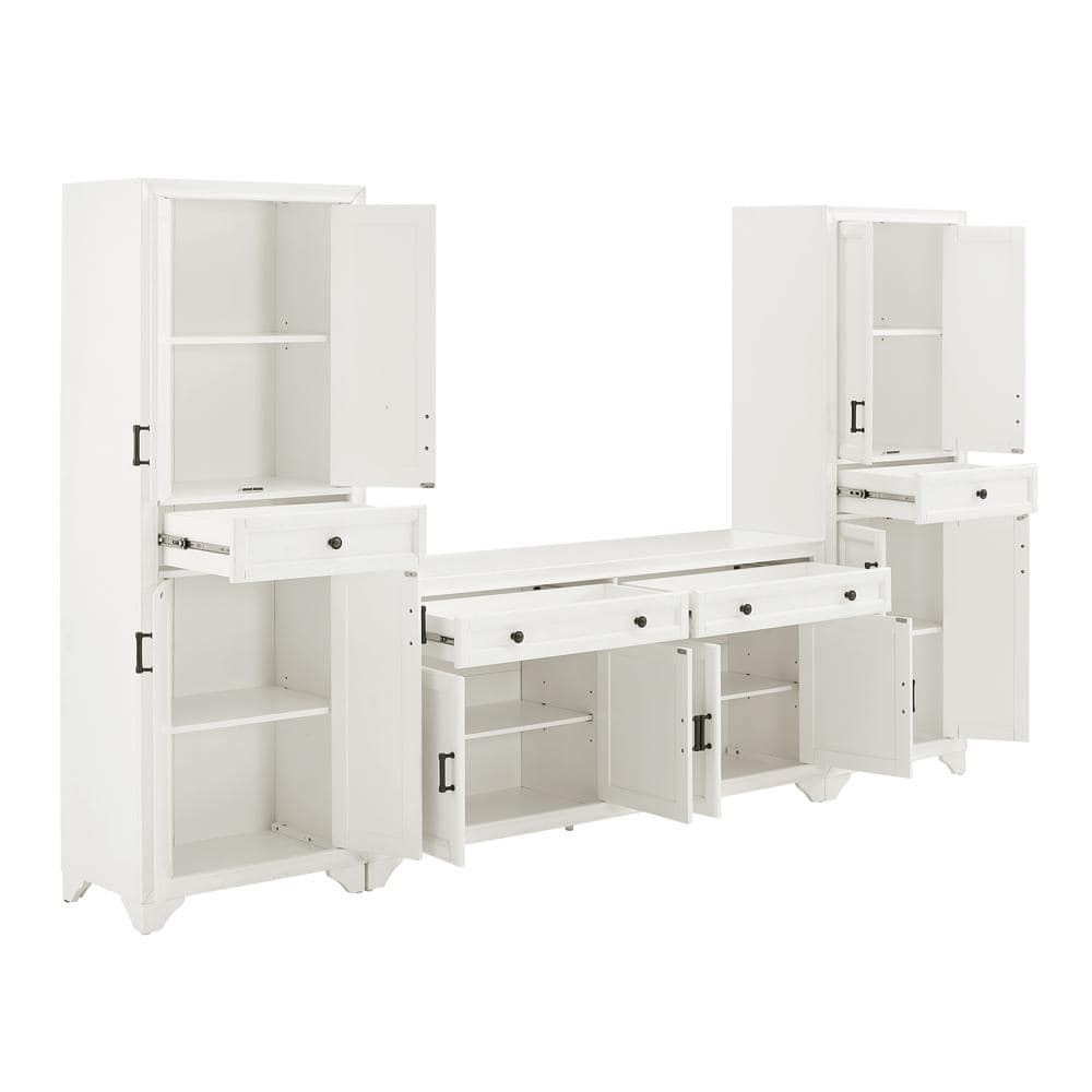 Distressed White 3-Piece Sideboard and Pantry Set with Cabinets