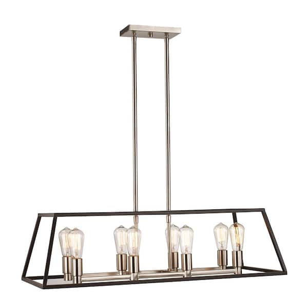 Bel Air Lighting Adams 8-Light Black and Brushed Nickel Kitchen Island Pendant Light Fixture with Caged Linear Metal Shade