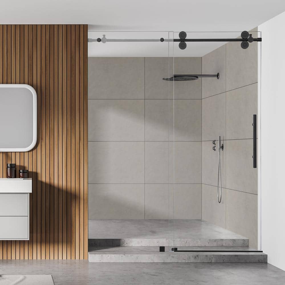 Altair Matte Black Frameless Sliding Shower Door with Clear Glass
