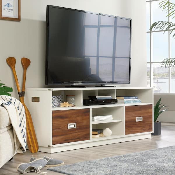 SAUDER Vista Key 60 in. Pearl Oak Engineered Wood TV Stand Fits TVs Up to 60 in. with Storage Doors