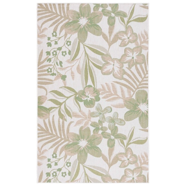 Courtyard Ivory/Green 5 ft. x 8 ft. Botanical Leaves Indoor/Outdoor Area Rug